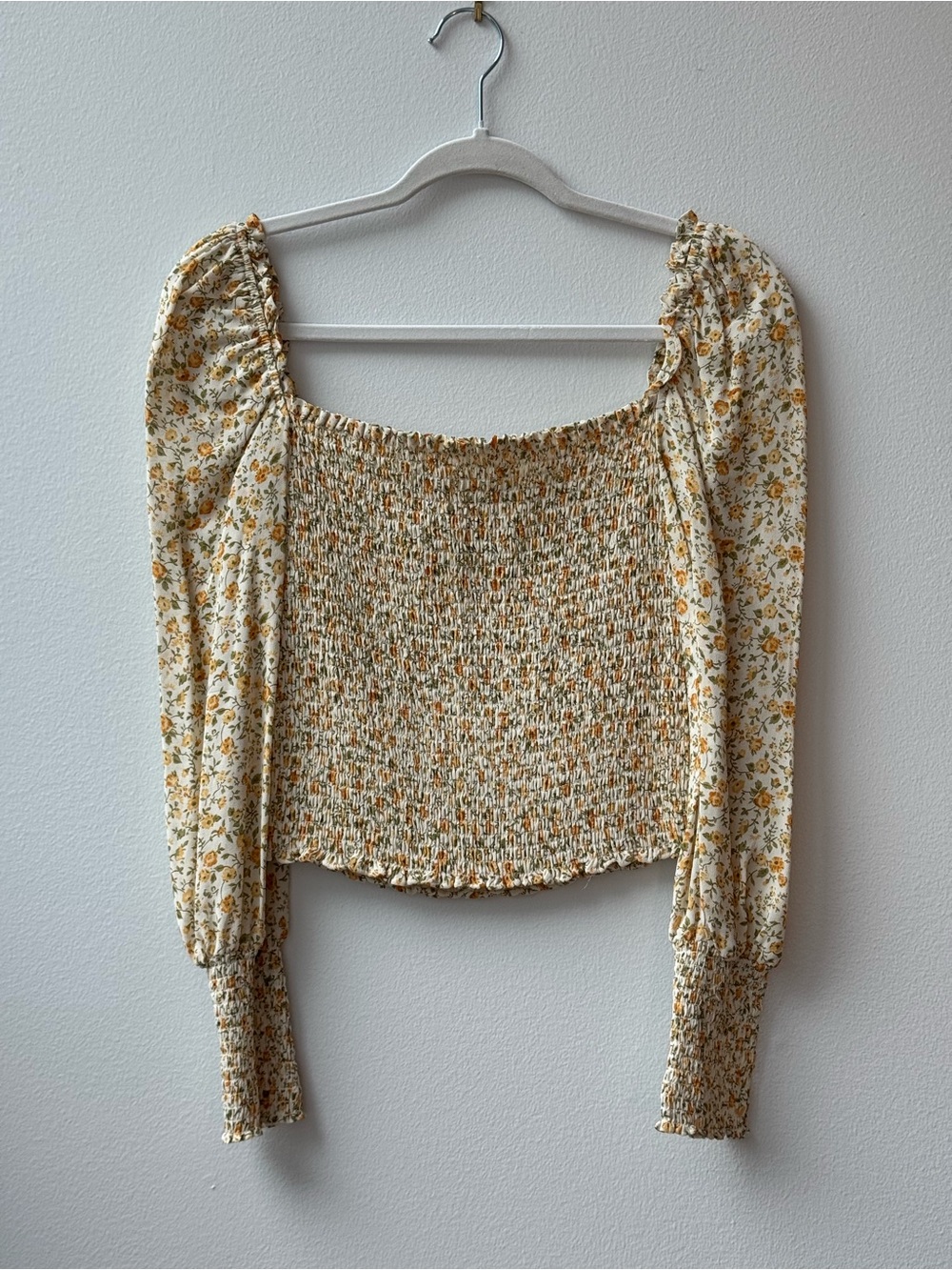 Reformation Cream Floral Smocked Puff-Sleeve Crop Top